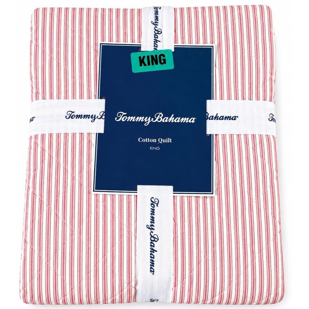 Tommy Bahama Makena Stripe King Quilt Comforter Pink White Reversible Tropical